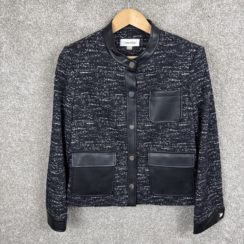 Calvin Klein Tweed & Faux Leather Jacket Black & White Women's Size 14